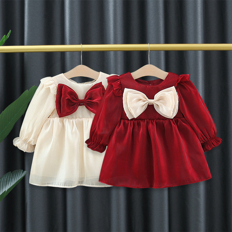 Girls' spring/autumn new korean style bowknot long-sleeve dress - princess style, chic and stylish skirt