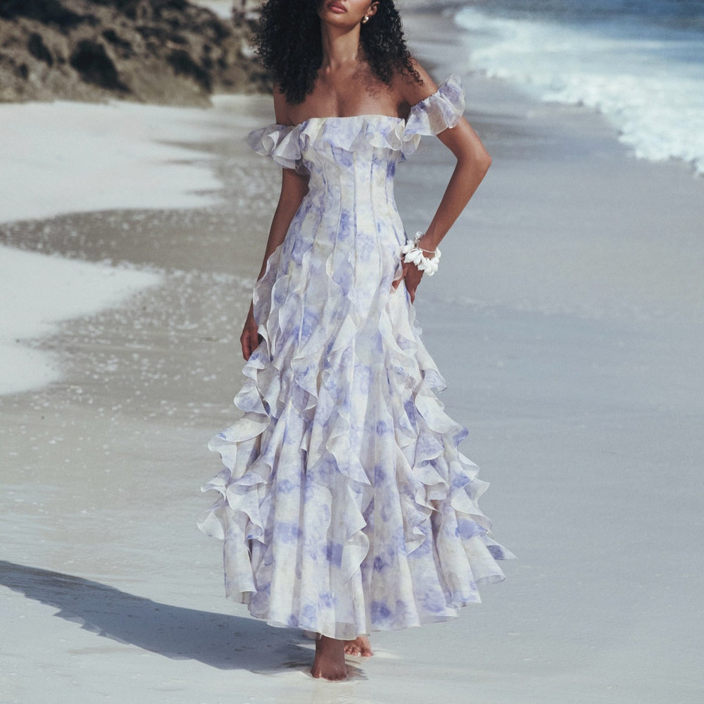 Beach vacation style suspender skirt gauze frenchruffles beach dress atmosphere long skirt elegant fairy style