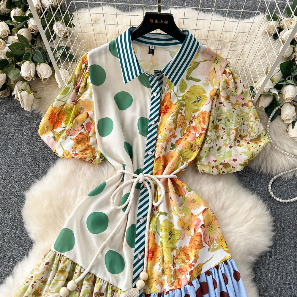 Frenchniche stylecontrast colorpatchwork style puff sleevesloose large hemlongsense of design polka dotdress dress