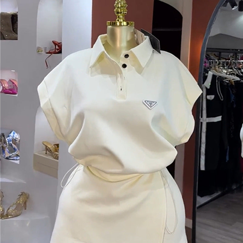 European and american cross-border women's fashion:  autumn new collection - casual polo collar loose-fit short sleeve top and asymmetrical mini skirt set