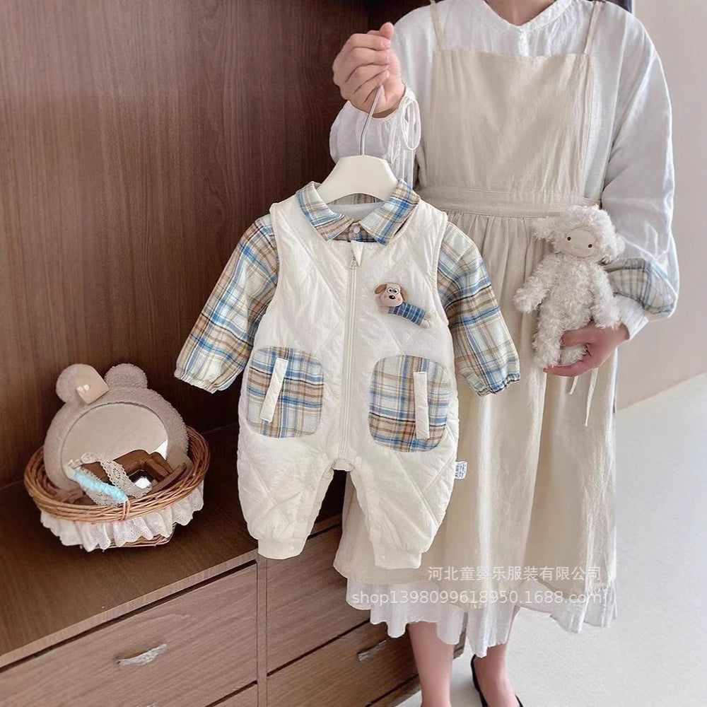 Baby outfit set: unisex romper overalls, infant autumn/winter warm two-piece set, trendy outing clothes