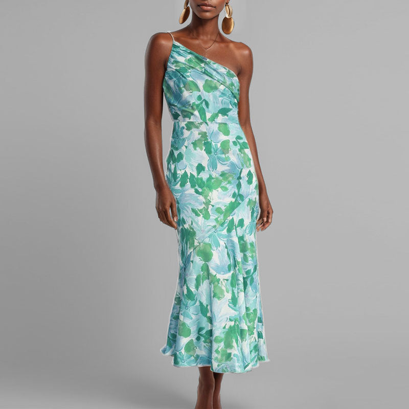new european and american style sexy camisole maxi dress - printed asymmetrical neck fishtail dress - elegant commute