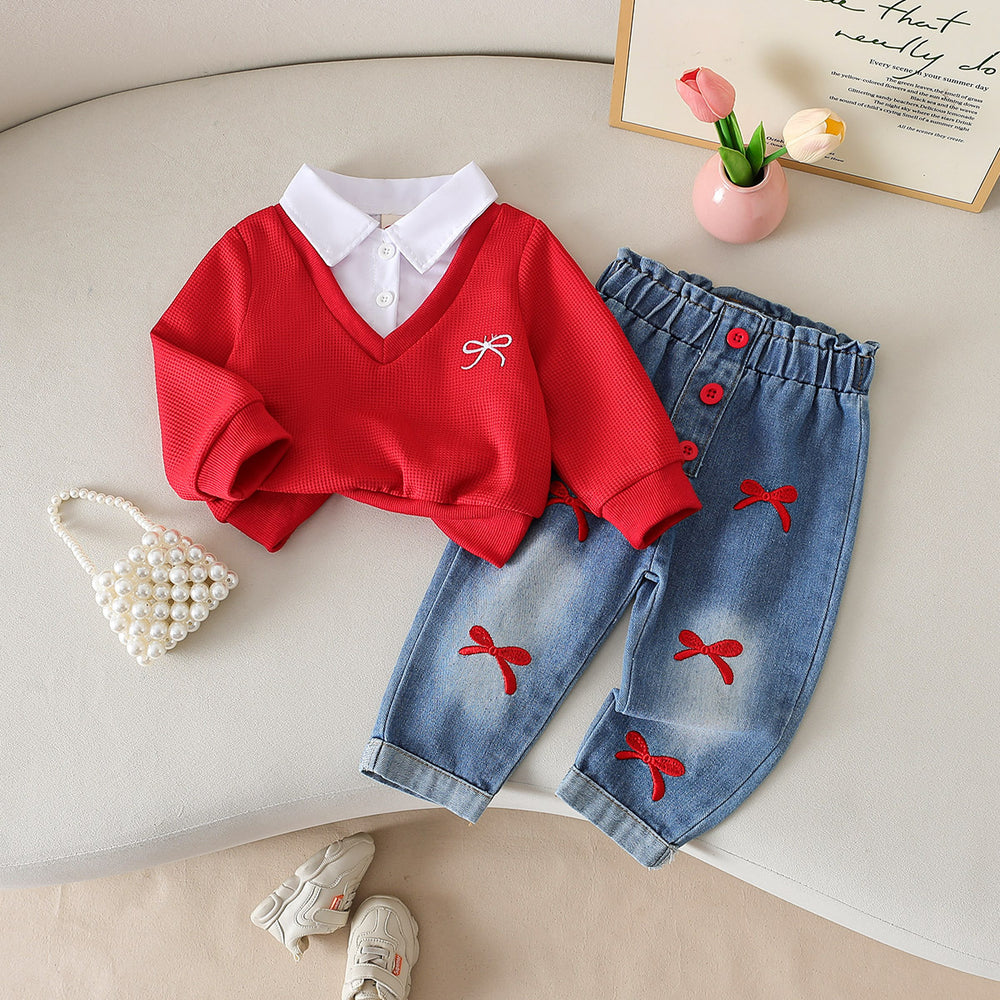 new spring cross-border textured collar patchwork top + bowknot embroidered denim pants set