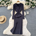Korean style minimalist v-neck single-breasted slit knit dress - women's autumn outerwear, slim-fit, long-sleeve cover-up dress