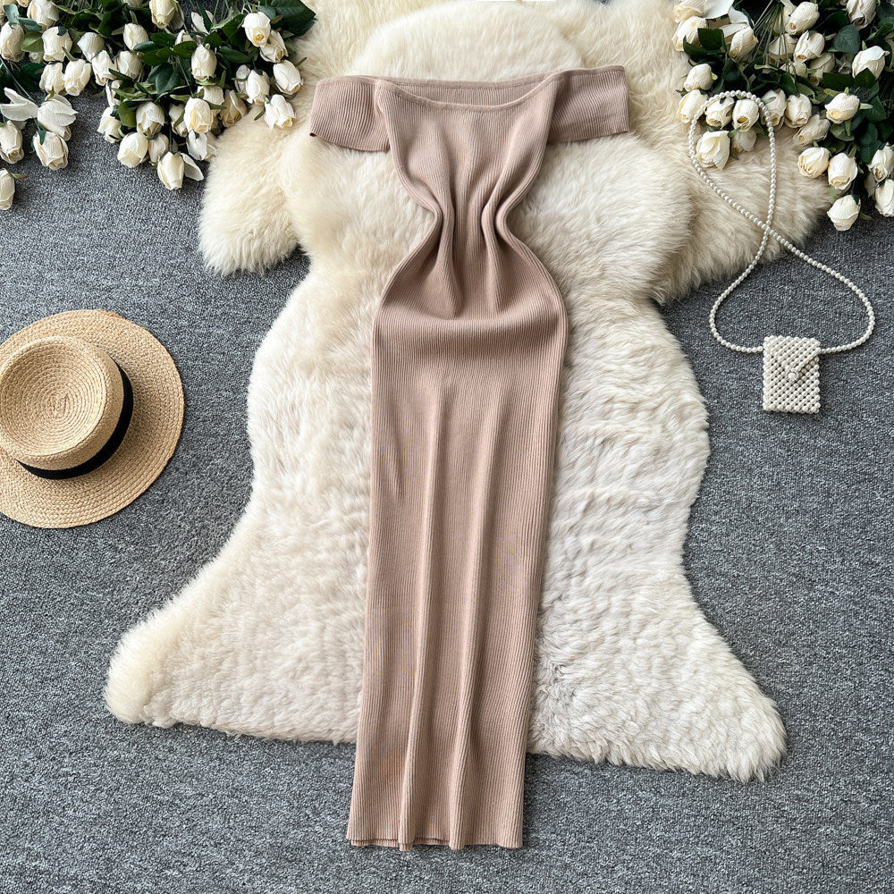 K-style one-shoulder knitting silm-type dress female summer sleeveless high waist silm a-line long skirt light and elegant