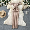 K-style one-shoulder knitting silm-type dress female summer sleeveless high waist silm a-line long skirt light and elegant