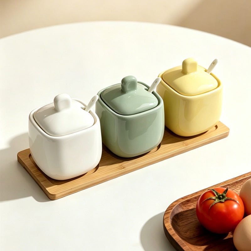 Wow, simple style seasoning jar ceramic seasoning box for home with lid wooden tray msg salt shaker round seasoning jar