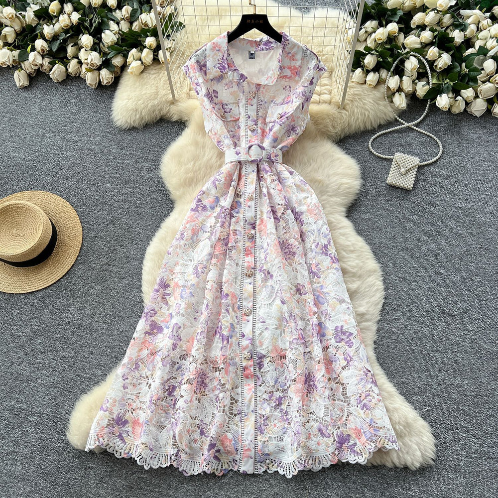 French chic luxury hollow-out crochet lace dress - women's summer slimming maxi dress with cinched waist and single-breasted button detail