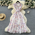 French chic luxury hollow-out crochet lace dress - women's summer slimming maxi dress with cinched waist and single-breasted button detail