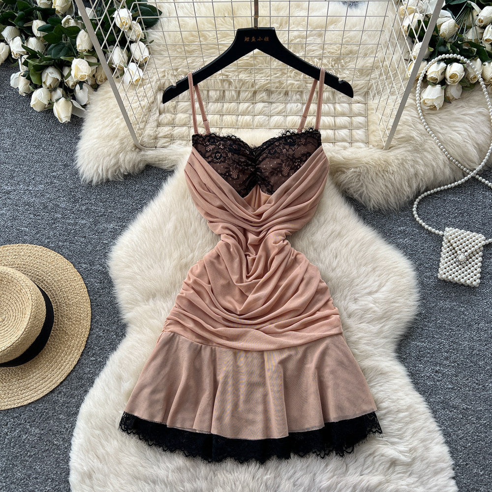 French lace patchwork camisole dress - summer slimming a-line mini dress - green sexy