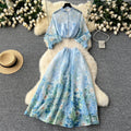 European and american style women's two-piece set: elegant lantern sleeve button-up slim-fit top with high-waisted printed mesh skirt