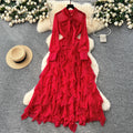 Sophisticated chic: women's polka dot maxi dress with bow tie, asymmetrical ruffle hem - autumn  collection