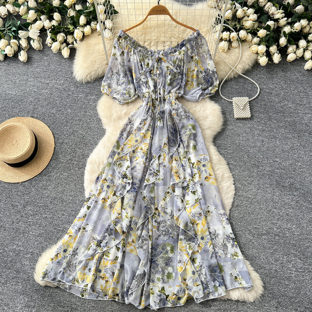 K-style floral dress for women, summer v neck, short-sleeved waist, a-line long skirt, holiday style elegant skirt