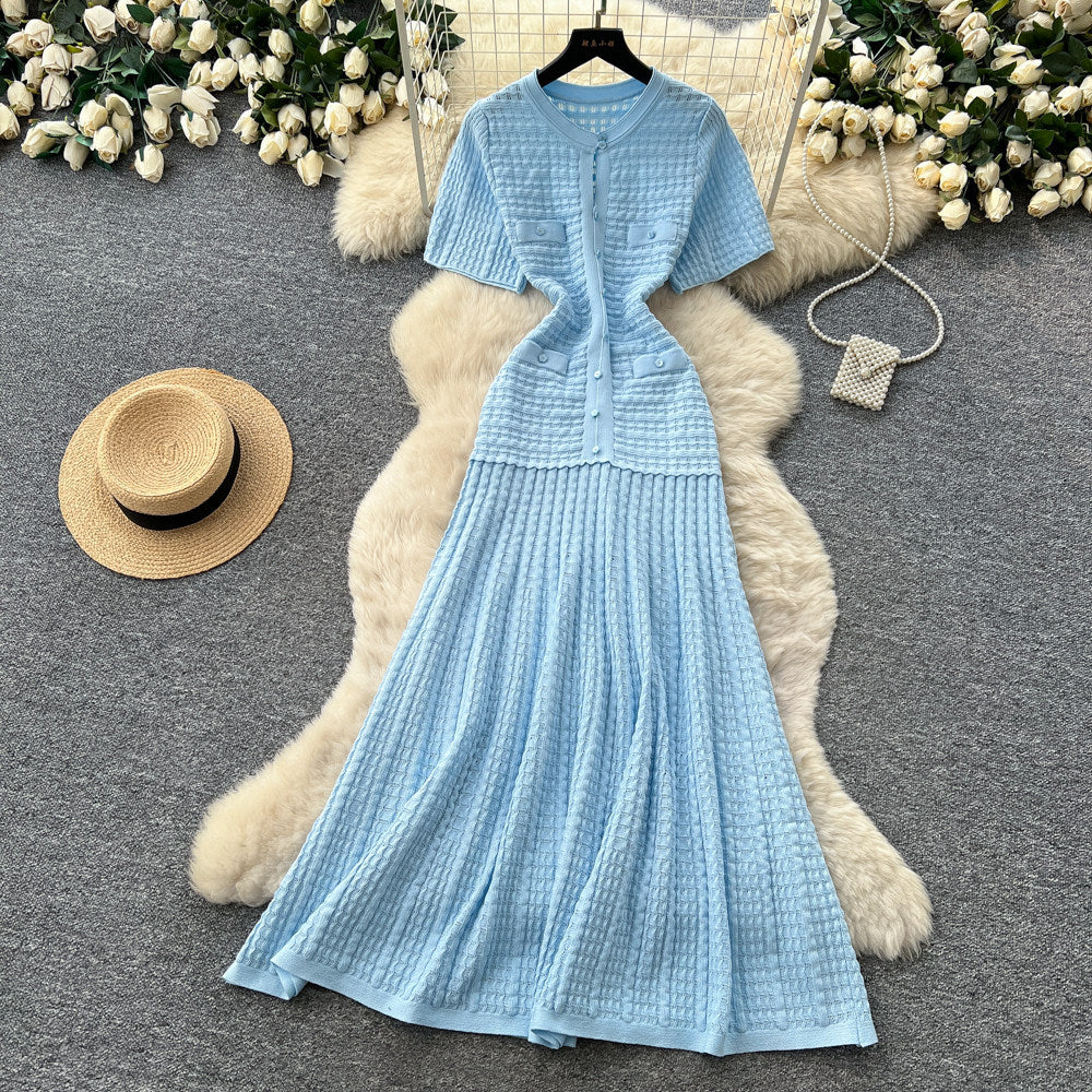 French style chic casual dress - women's short sleeve korean a-line dress - high waist slimming work-ready elegant dress
