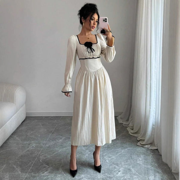 Privé Women's Elegant Square Neck Flared Sleeve Floral Decal Contrast Waist Dress, Spring/Autumn