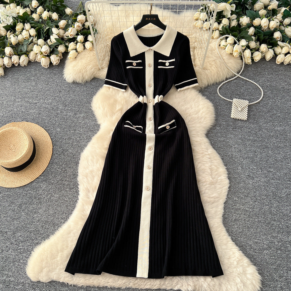 Niche styleretro socialitefashioncontrast colorpolo collar metal buckle short-sleeved knittingdress women's waist sweater long skirt