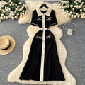 Niche styleretro socialitefashioncontrast colorpolo collar metal buckle short-sleeved knittingdress women's waist sweater long skirt