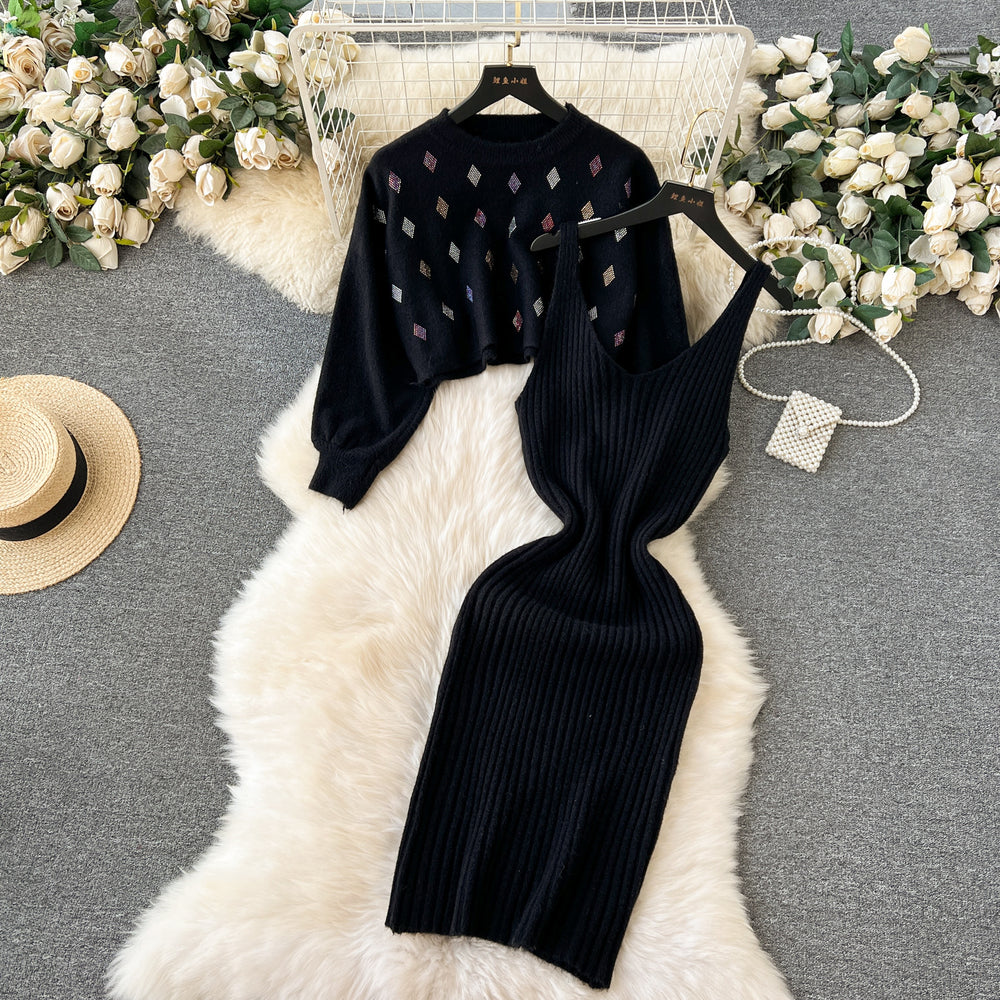 Women's winter sweater set: short sleeve cardigan & versatile cami dress two-piece outfit