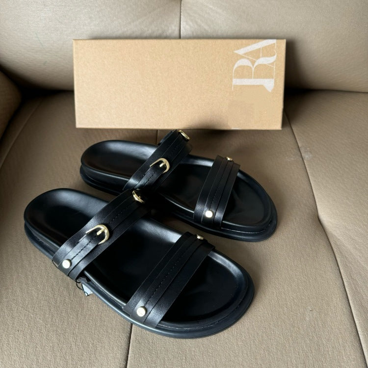 Spanish trendy brand summer new white buckle flat sandals outdoor thick sole flip flops beach sandals