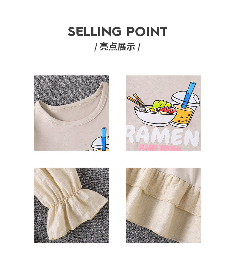 Girls' export dress - beige with patchwork sleeves, lace hem, and cartoon appliqués - autumn long-sleeve dress for children