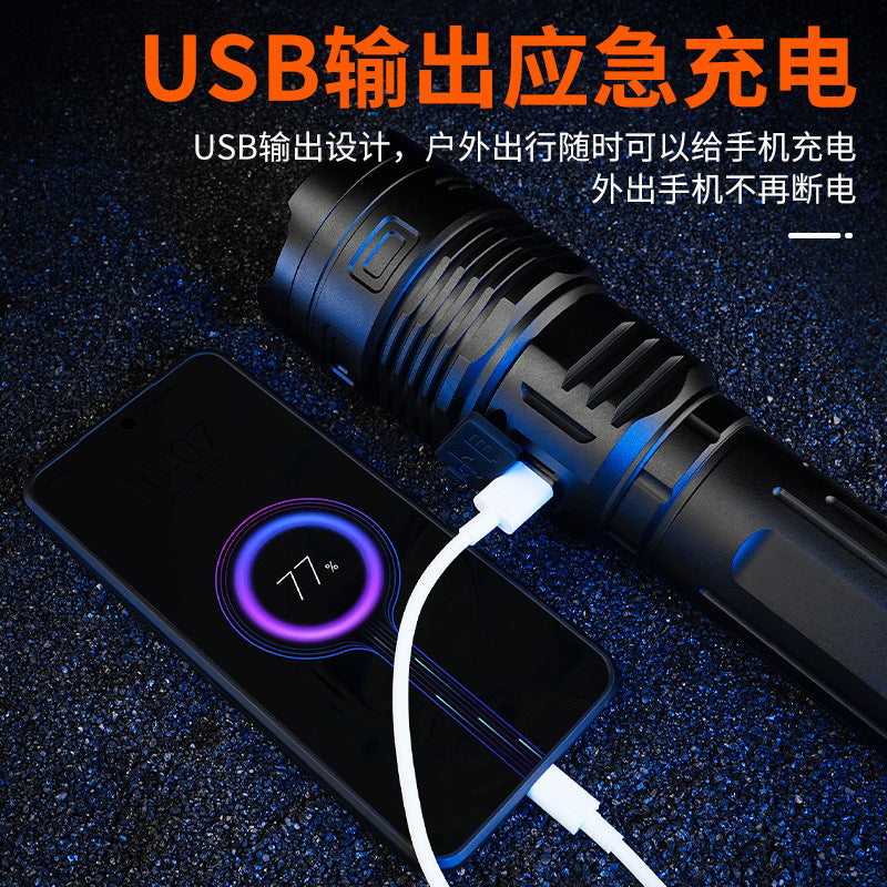 Cross-border new multi-function strong light USB charging display double switch, telescopic zoom high-power outdoor flashlight