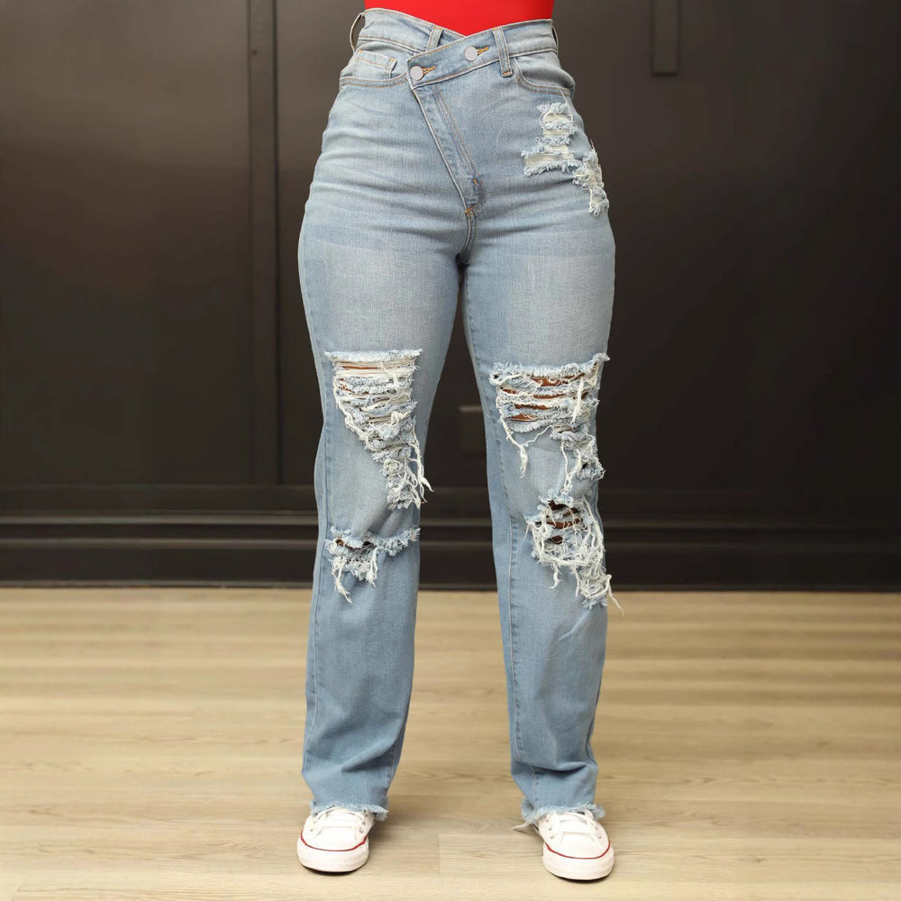 Amazon hot-selling stretch denim jeans: trendy high-waisted wide-leg jeans with distressed wash and whiskering for women