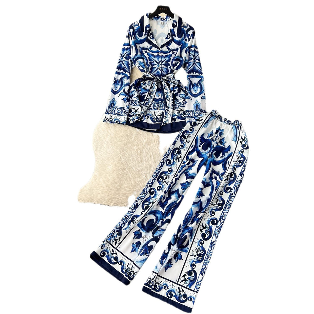 European and american retro chic position print tie-waist collared long sleeve top and high-waisted wide-leg straight pants set for women