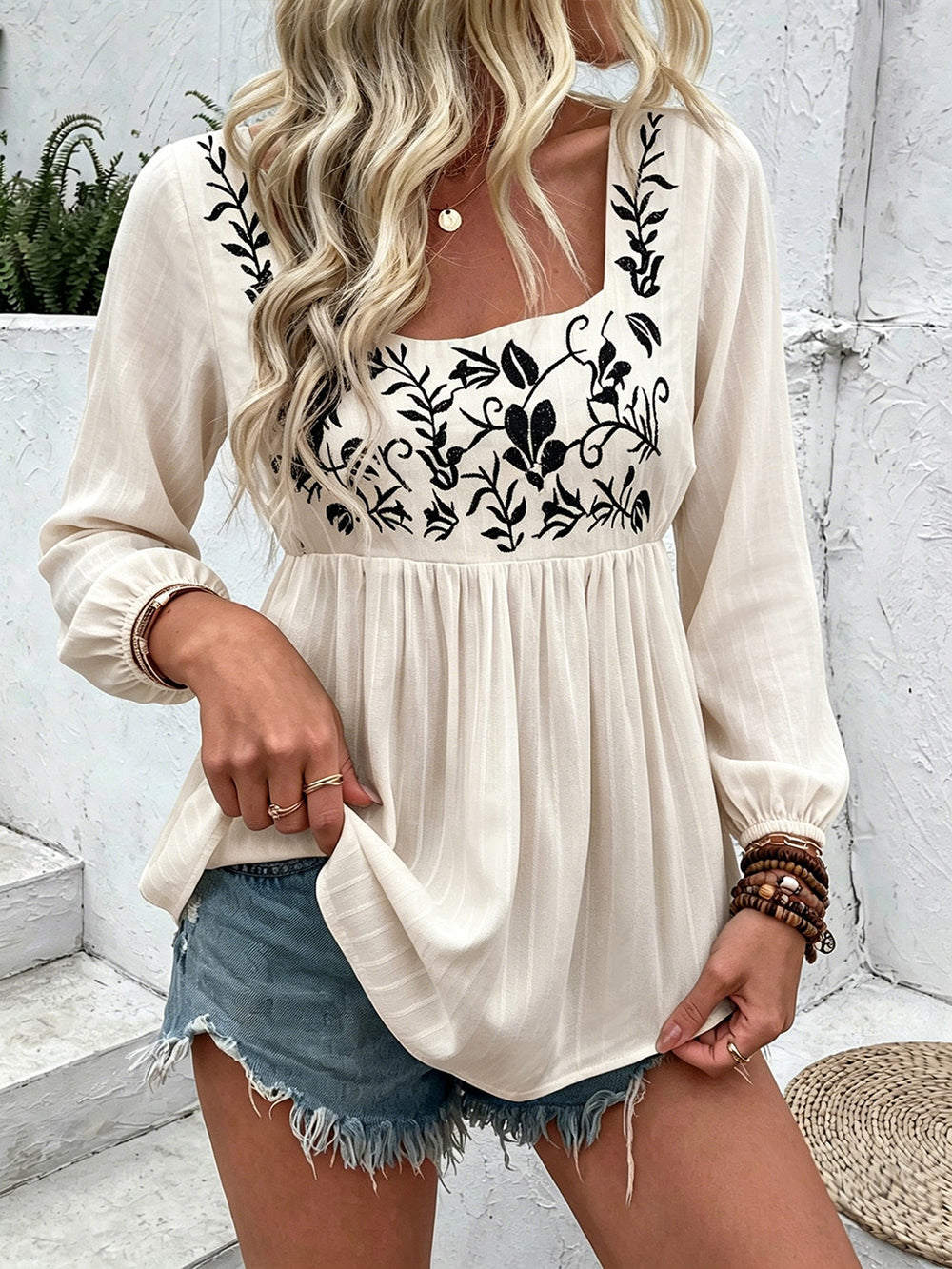 European and american cross-border women's lace square neck short sleeve embroidered blouse - new  spring/summer cool & casual style