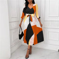 European and american style women's fashion:  autumn new arrival - three-quarter sleeve v-neck tie-up color block long pleated dress
