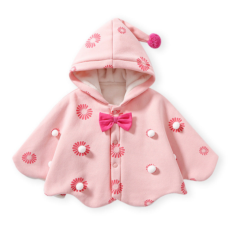 Baby outing cape, girls' winter hooded coat, children's windproof fleece-lined swaddle blanket, korean style princess autumn/winter collection