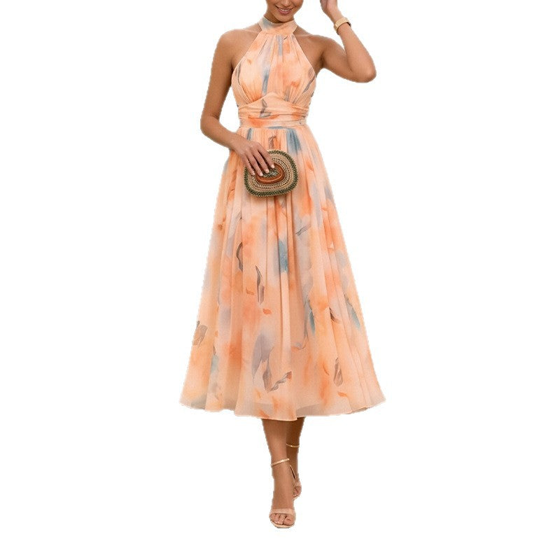 women's summer new arrivals: european and american cross-border fashion - elegant printed halter neck, cinched waist, backless dress