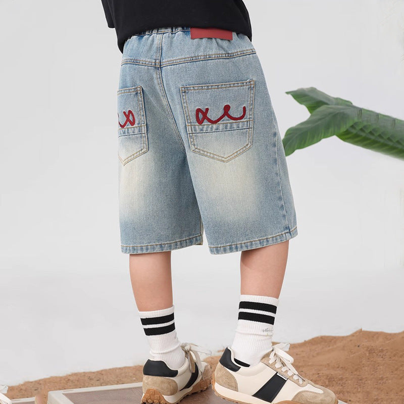 Boys' shorts summer thin style kids' denim shorts  new summer five-point shorts mid-length shorts for mid-to-large children trendy