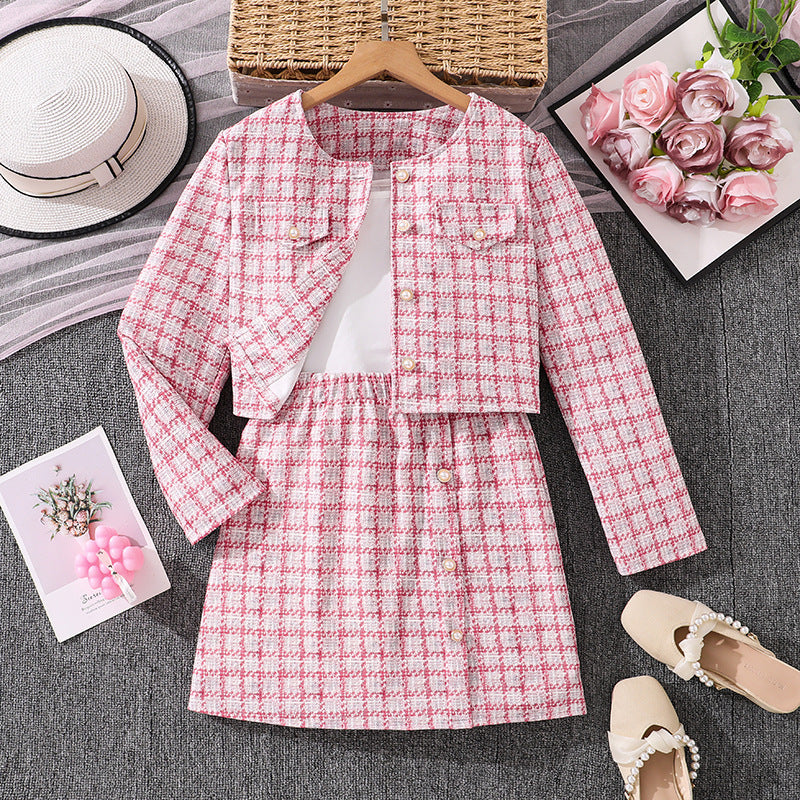 european and american girls' outfit: long-sleeved chanel-style jacket + solid color vest + plaid midi skirt three-piece set