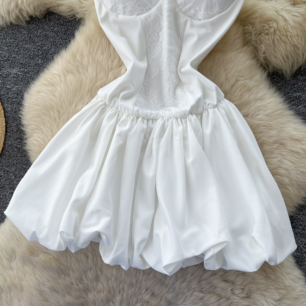 K-style white pure desire style lace suspender easiest for matchdress women's summerhigh waistslimming look flower bud puffy skirtelegant