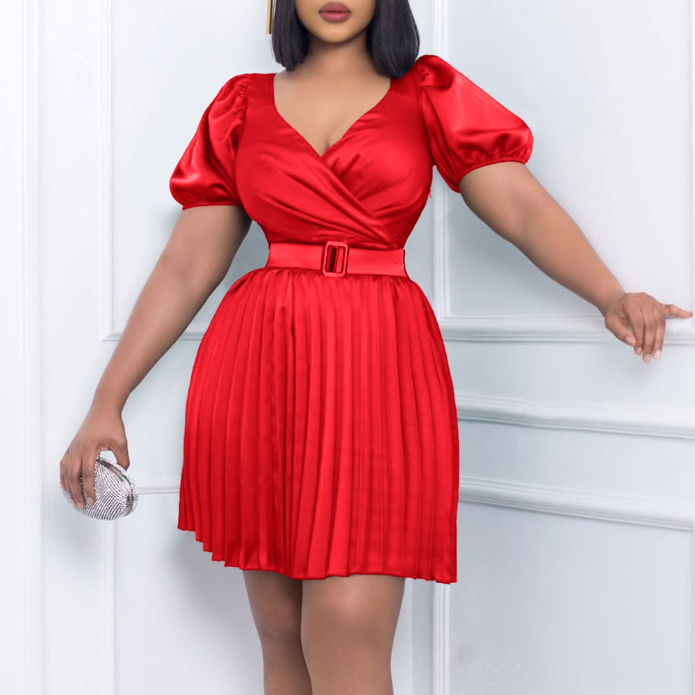 D3227  independent station cross-border fashion women's summer new v-neck waist pleated european and american dress