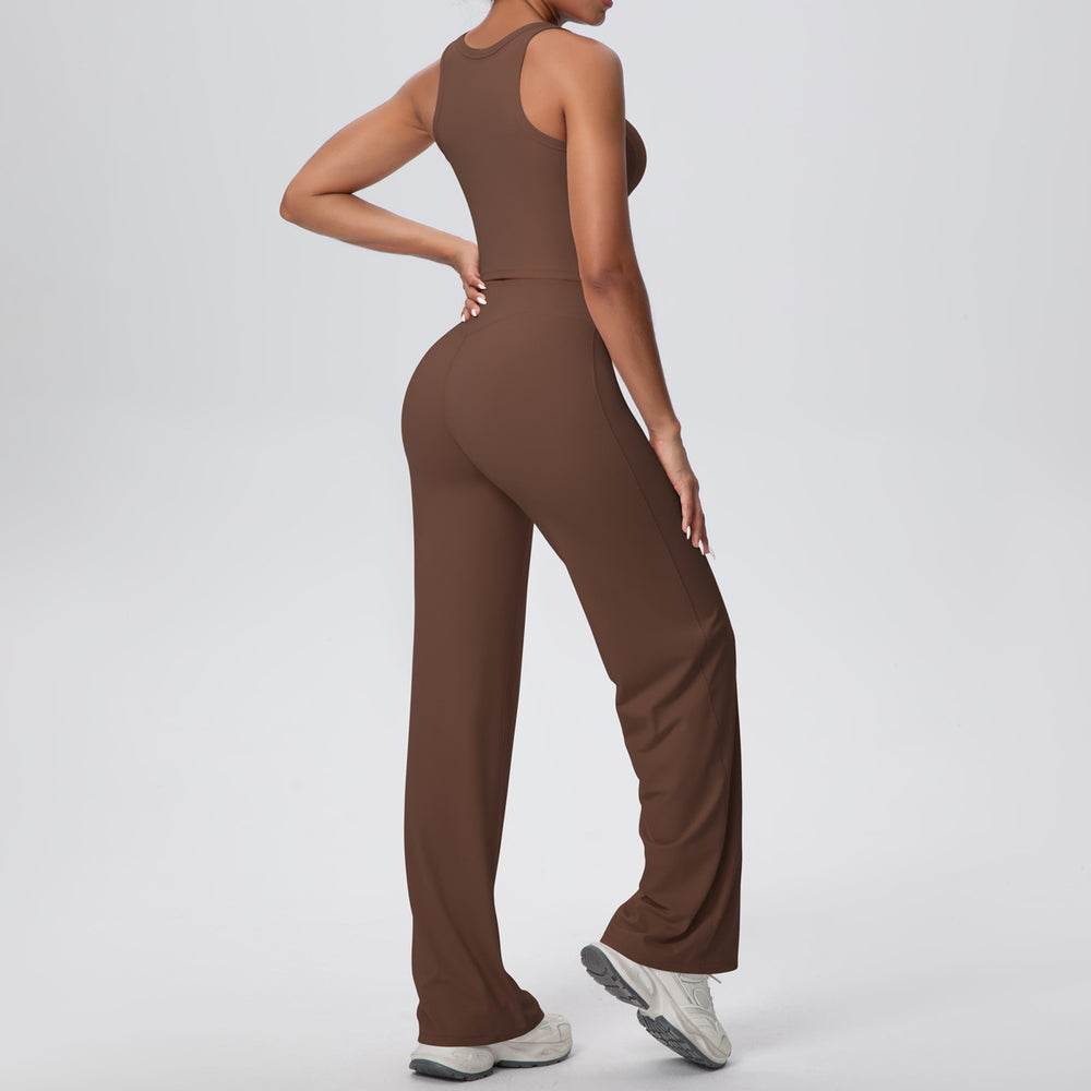 New arrival: cross-border double-sided brushed solid color breathable long wide-leg yoga outfit set - two-piece activewear for running and fitness