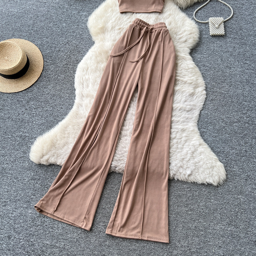 Korean style commute-friendly slim-fit tank top & high-waisted wide-leg pants set - women's summer minimalist casual slimming draped two-piece outfit