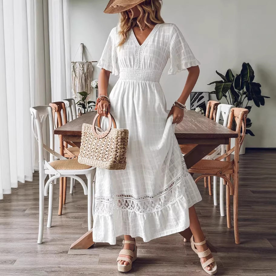 european and american women's lace patchwork plus size long beach dress - new arrival for summer getaways