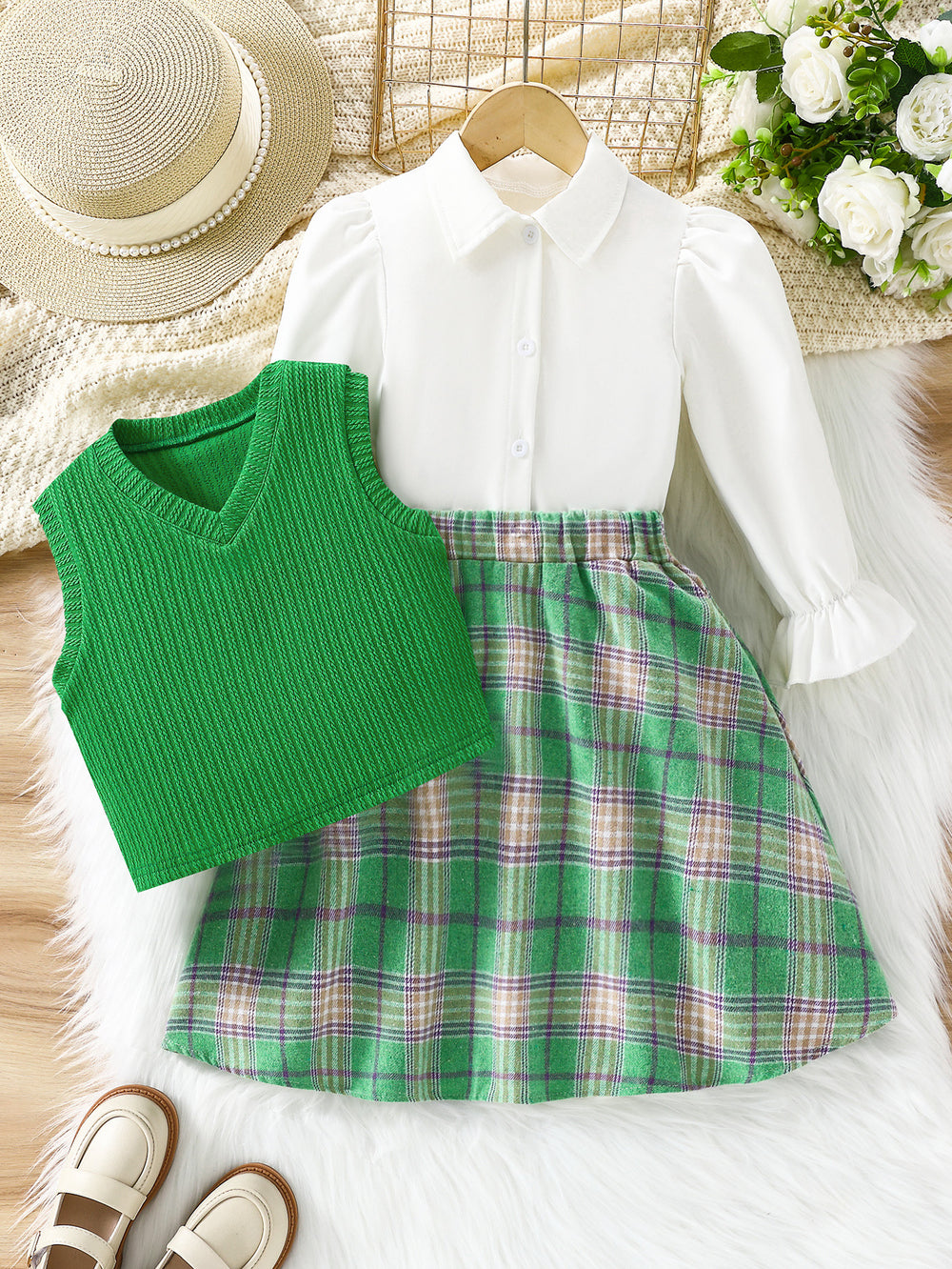 girl skirt suitk-style dark purple knitting vest plaid skirt doll collar shirt preppy style three-piece set
