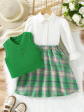 girl skirt suitk-style dark purple knitting vest plaid skirt doll collar shirt preppy style three-piece set