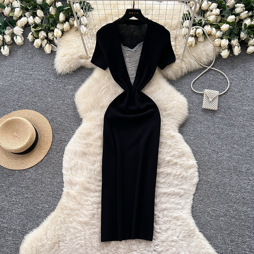 K-style square collar knitting casualcasualdress women's short-sleeved a-line skirt work clothingslimming lookelegantsexy skirt