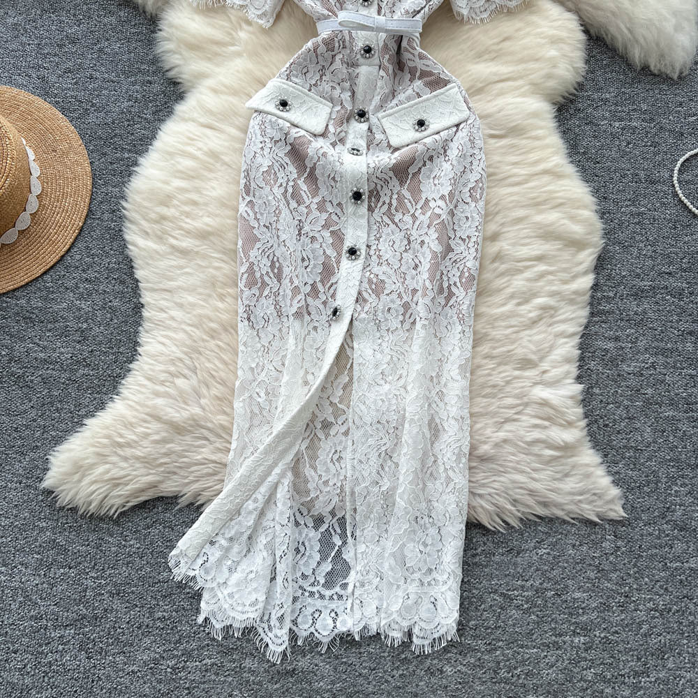 Elegant women's dress -  summer french chic, single-breasted, cinched waist, slim-fit, short sleeve, lace-trimmed slit maxi dress