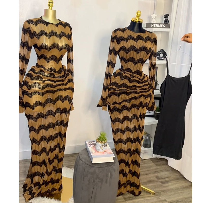 European and american women's clothing  summer new sweet and fresh striped round neck long sleeve high waist maxi dress