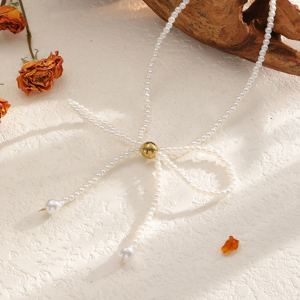 Bow choker necklace female fashion elegantsweet imitation pearl string chain niche styleclassy fairy style necklace