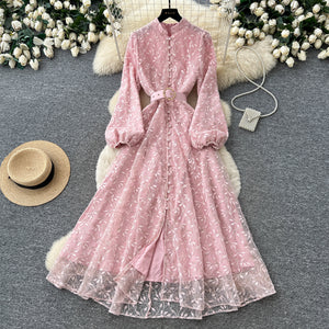 French romantic stand collar lantern sleeve lace dress - women's slimming a-line maxi dress - elegant and chic evening gown