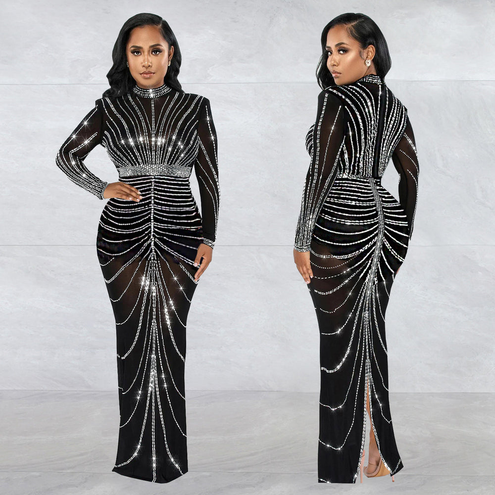 C7141 cross-border   fashion women's sexy long sleeve back slit rhinestone dress new