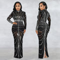 C7141 cross-border   fashion women's sexy long sleeve back slit rhinestone dress new
