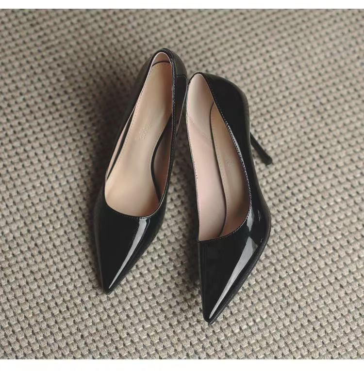 Nude high heels for women 2025 new arrival small fragrant elegant pointed toe hidden heelflats shoes patent leather work flats