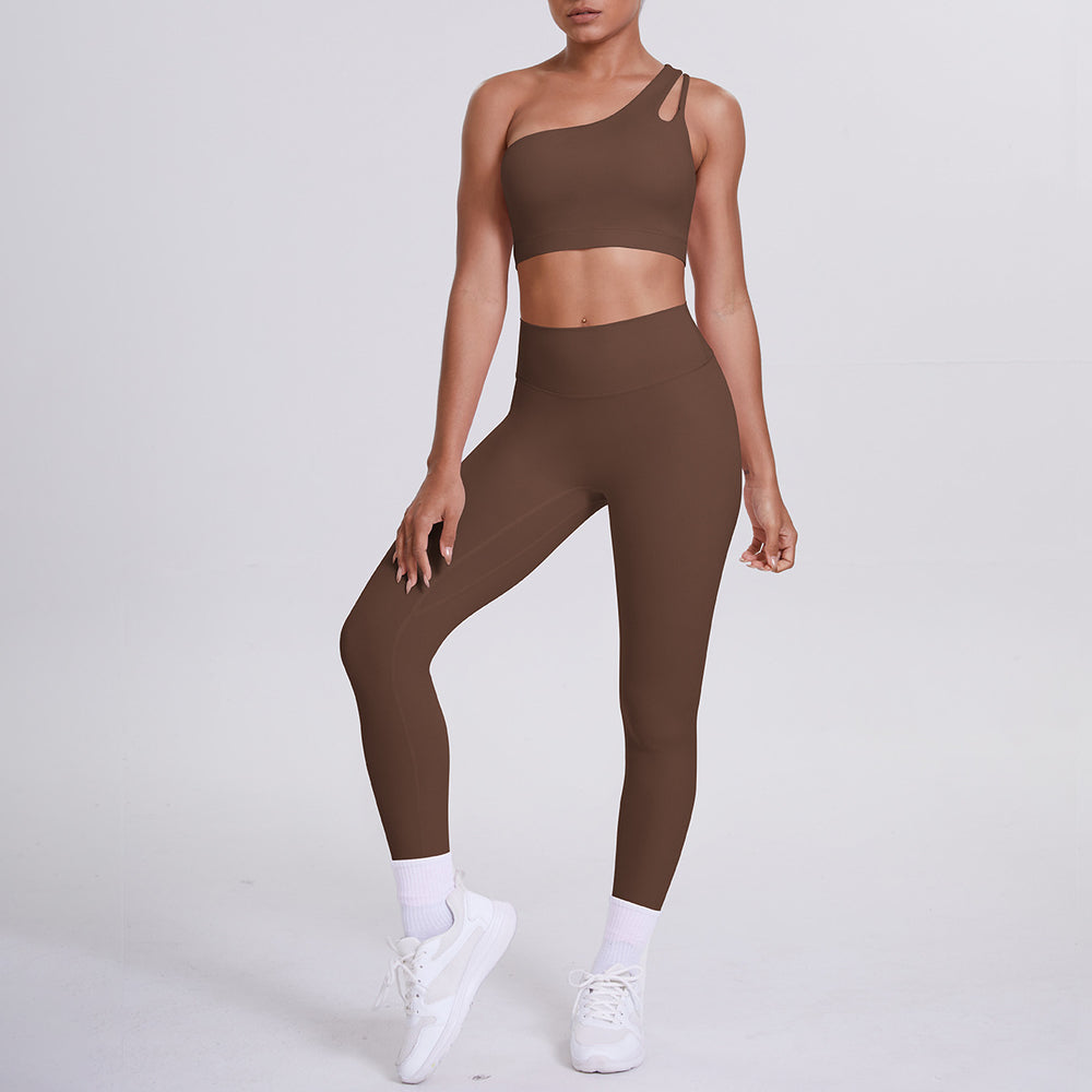 fashion double-sided nylon brushed single-shoulder yoga suit sports running fitness pants two-piece set for women
