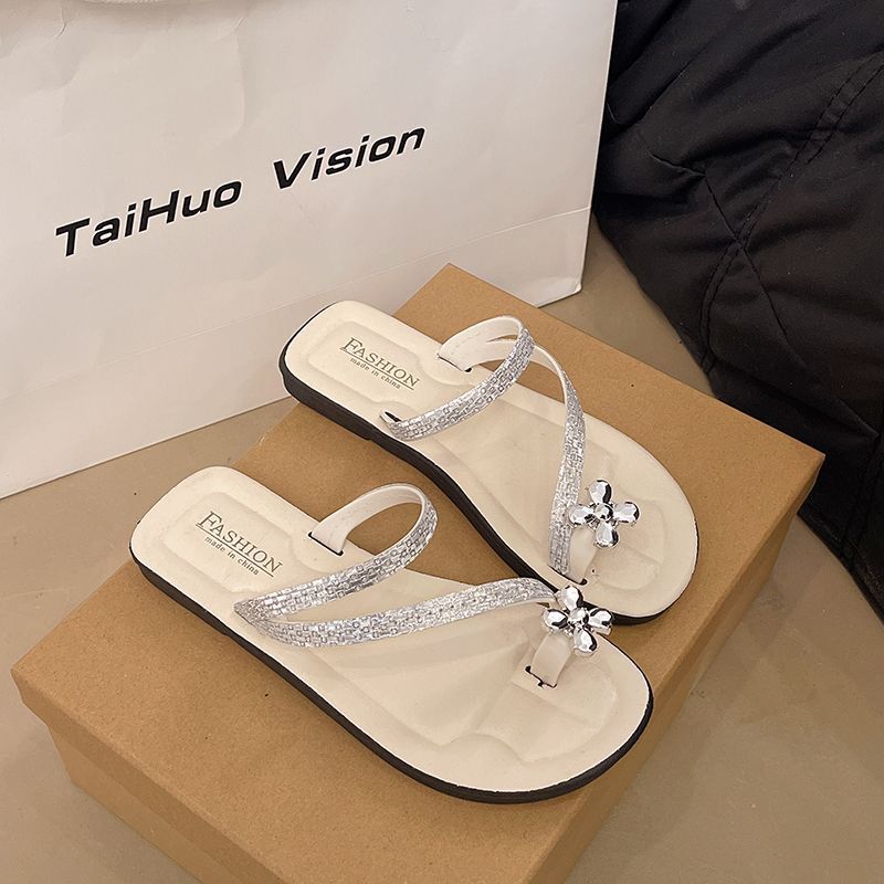 2025 summer new fashion design silver thong sandals women's outdoor wear sparkling rhinestone fairy style with skirt sandals